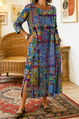 Women's Multi Ethnic Patchwork Round Neck Three Quarter Sleeves Maxi Dress