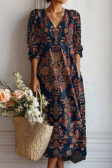 Women's Navy Vintage Floral V Neck Three Quarter Sleeve Midi Dress