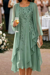Women's Champagne Geometric Round Neck Three Quarter Sleeve Two Piece Midi Dress