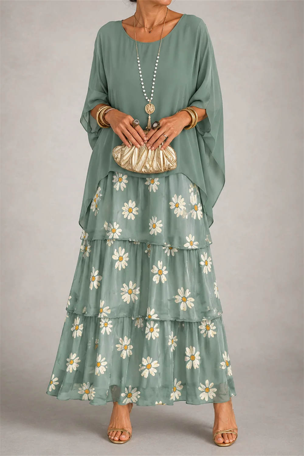 Women's Sage Green Daisy Round Neck Three Quarter Sleeve Two Piece Maxi Dress