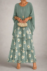 Women's Sage Green Daisy Round Neck Three Quarter Sleeve Two Piece Maxi Dress