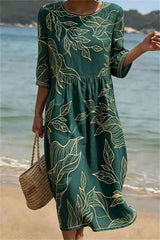 Women's Dark Green Gold Leaf Print Round Neck 3/4 Sleeve Midi Dress