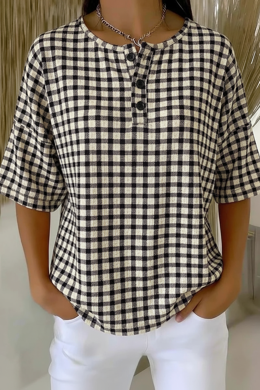 Womens Black Gingham Button Detail Waffle Knit Short Sleeve Top