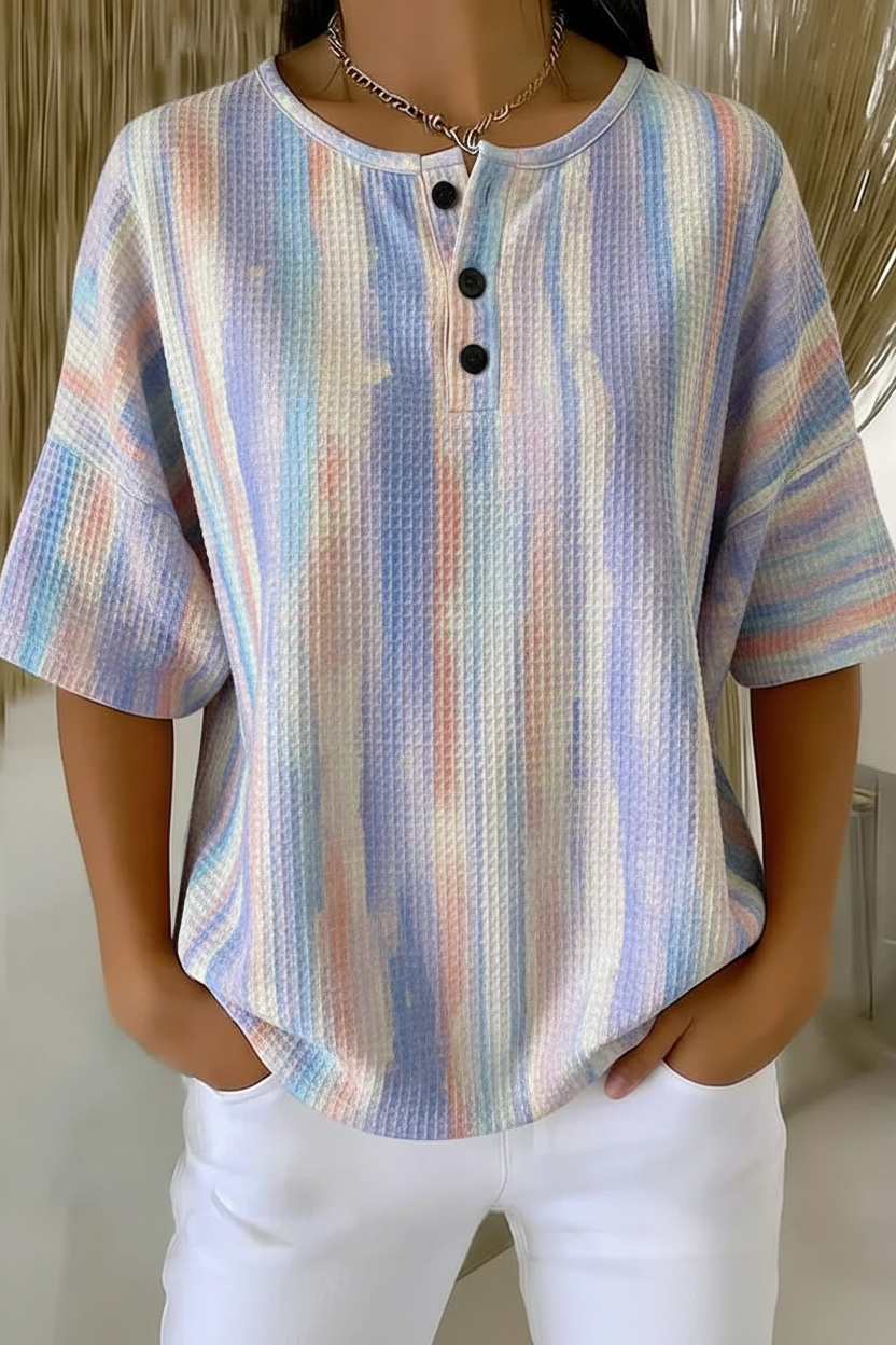 Women's Pastel Tie Dye Stripe Art Pattern Print Casual Waffle Cotton Shirt