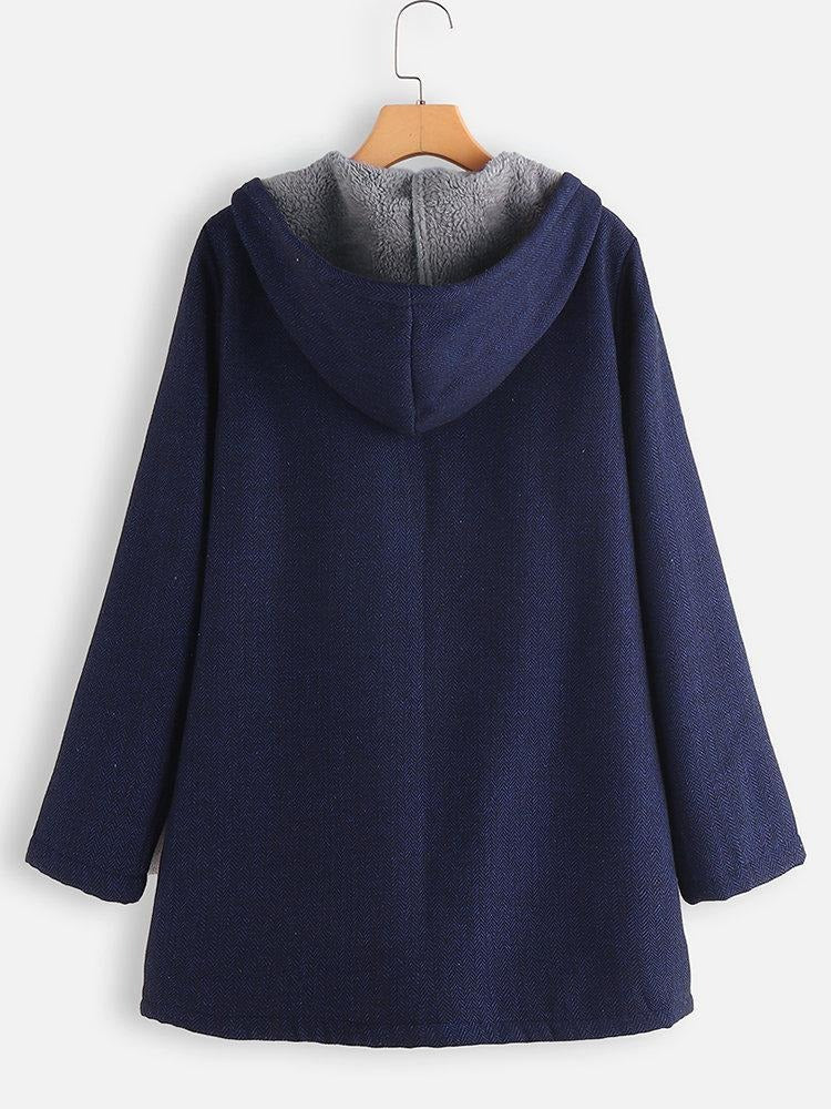 Solid Color Hooded Zipper Long Sleeves Fleece Warm Coat