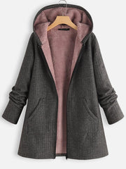 Solid Color Hooded Zipper Long Sleeves Fleece Warm Coat