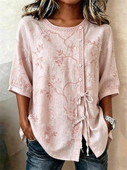 Pink Floral Embroidery Lace Trim Round Neck Half Sleeve Drawstring Blouse