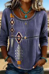 Women's Purple Aztec Print Round Neck 3/4 Sleeves Blouse