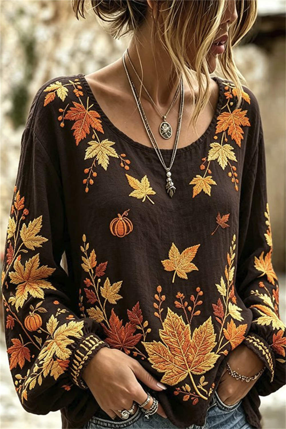 Women's Dark Brown Maple Leaf Pumpkin Print Round Neck Long Sleeve Blouse