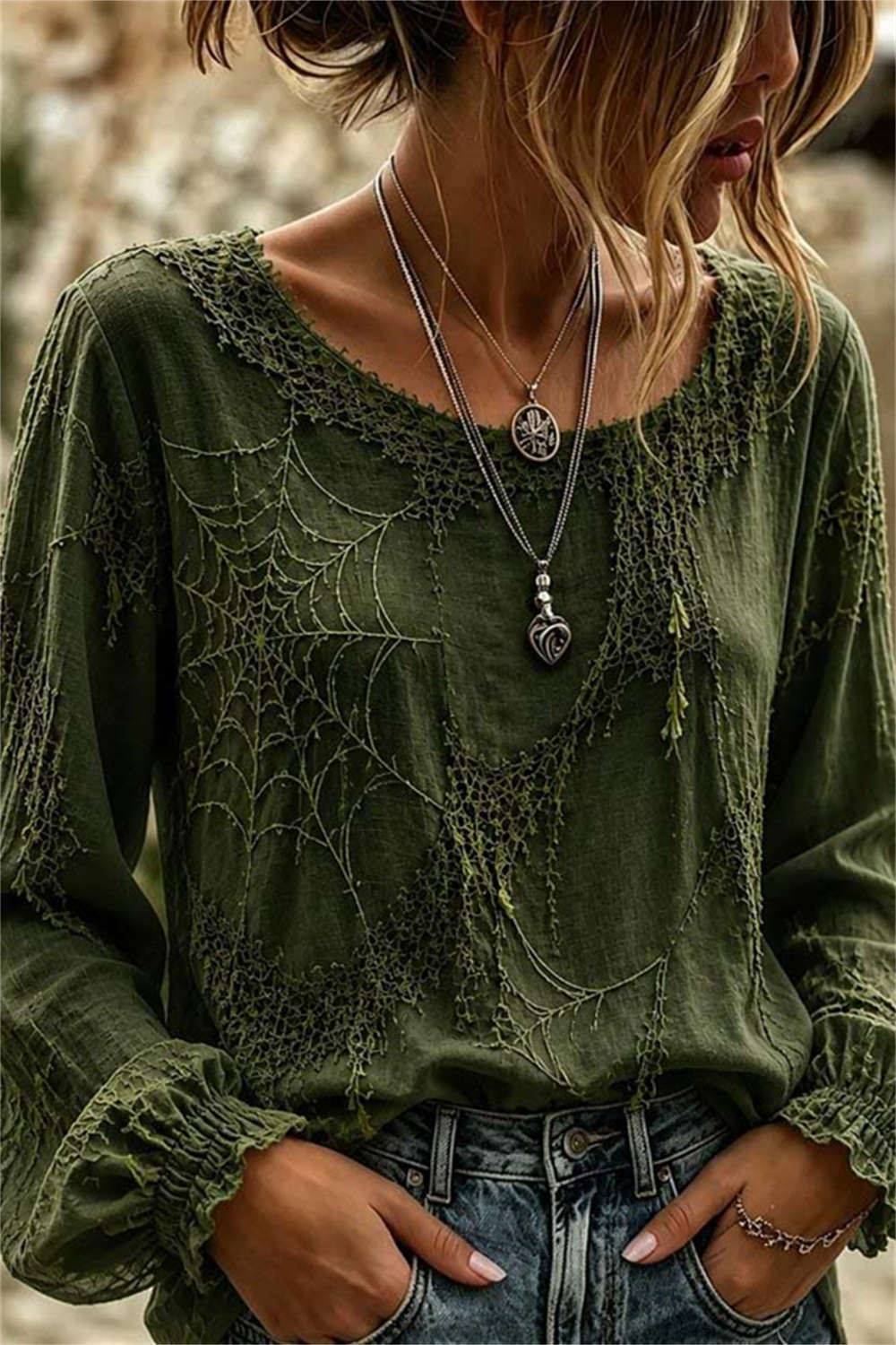 Women's Halloween Green Spider Web Print Round Neck Long Sleeve Blouse