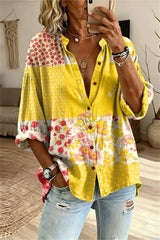 Women's Multi Floral Patchwork V Neck Long Sleeve Shirt