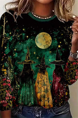 Women's Halloween Multi Witch Moon Floral Print Round Neck Long Sleeve Blouse