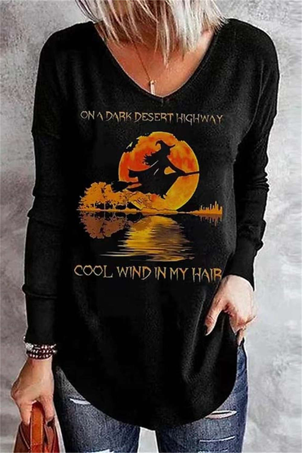 Women's Halloween Black Witch Letter Print V Neck Blouse