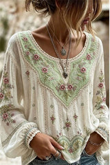 Women's Ivory Floral V Neck Long Sleeve Blouse