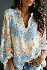 Women's Multi Ocean Element V Neck Long Sleeves Blouse