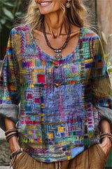 Women's Multi Collage Art U Neck Long Sleeve Blouse