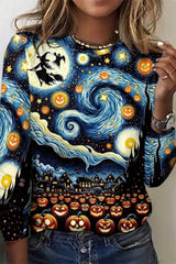 Women's Halloween Multi Starry Night Pumpkin Witch Graphic Round Neck Blouse
