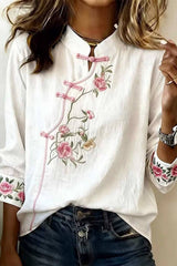 White Floral Mandarin Collar Long Sleeve Shirt