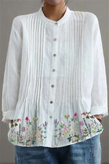 White Floral Stand Collar Long Sleeve Shirt