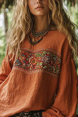 Women's Orange Floral Embroidery Round Neck Long Sleeve Blouse