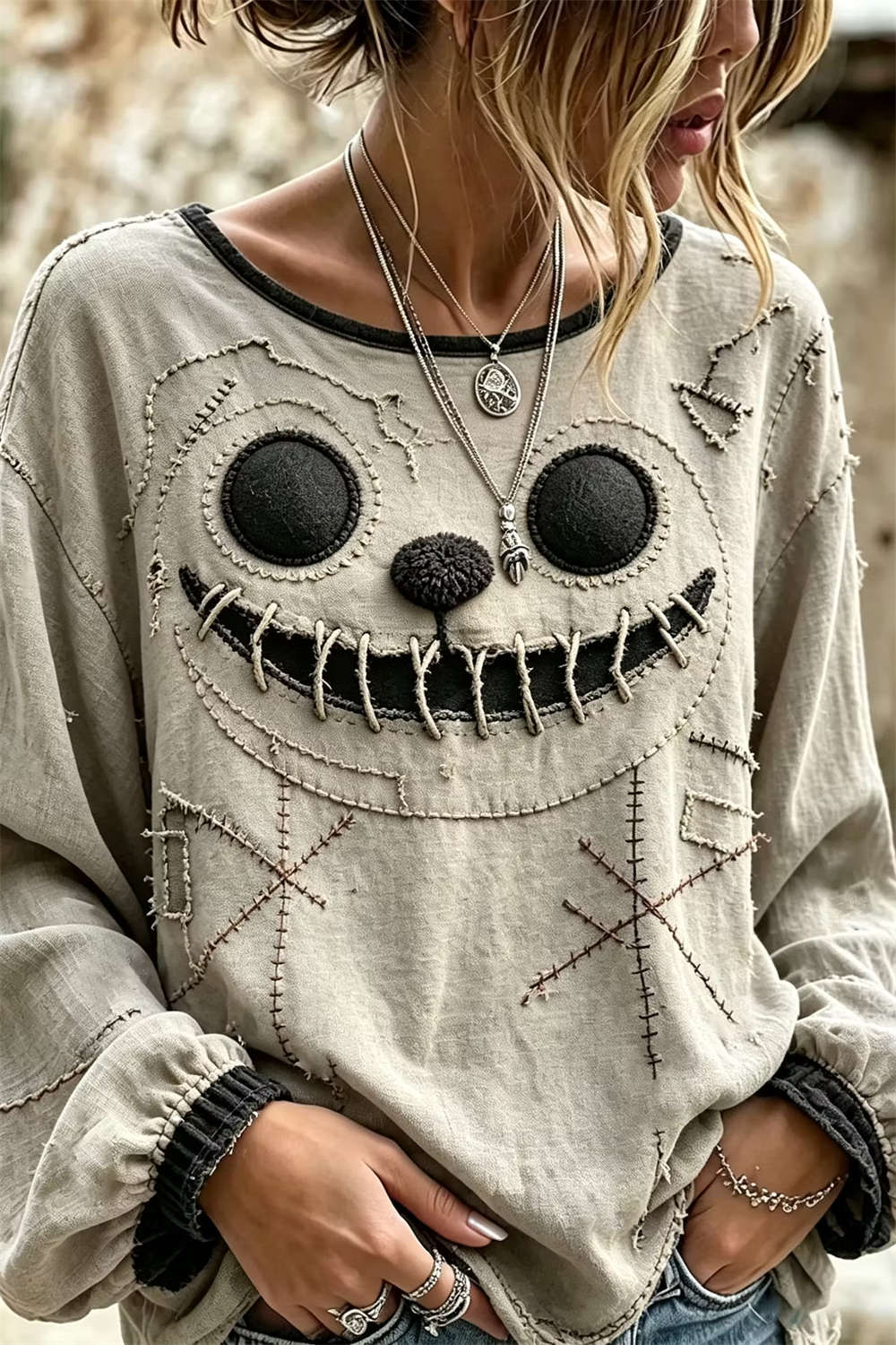 Women's Halloween Beige Stitched Ghost Face Print Round Neck Long Sleeve Blouse