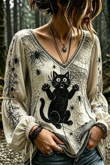 Women's Halloween Multi Gothic Cat Spider Print V Neck Puff Sleeve Blouse