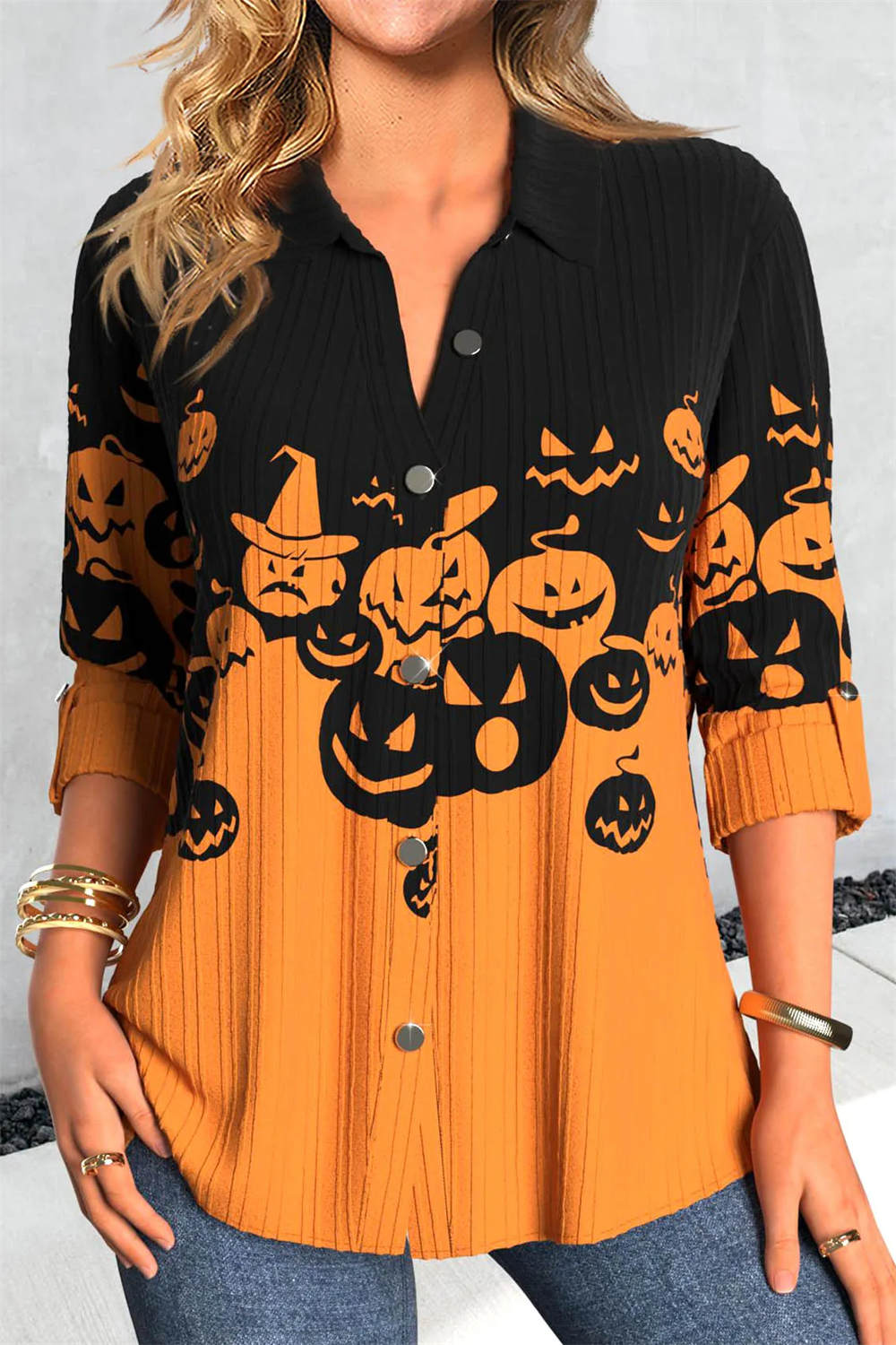 Women's Halloween Black Orange Pumpkin Print Shirt Collar Long Sleeve Blouse