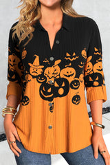 Women's Halloween Black Orange Pumpkin Print Shirt Collar Long Sleeve Blouse
