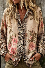 Women's Multi Leopard Floral Print Shirt Collar Long Sleeve Blouse