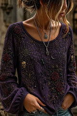 Women's Halloween Purple Gothic Rose Spider Skull Long Sleeve Blouse