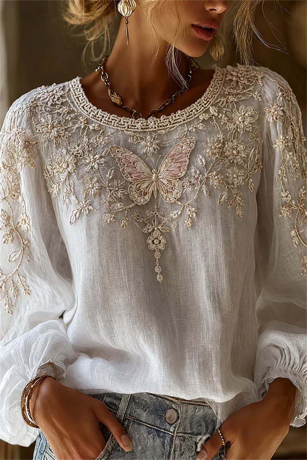 Women's White Butterfly Floral Round Neck Long Puff Sleeve Blouse