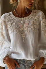 Women's White Butterfly Floral Round Neck Long Puff Sleeve Blouse