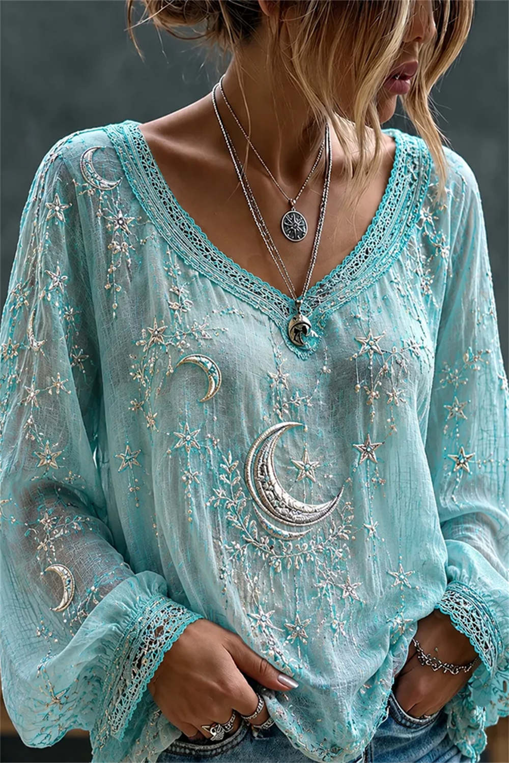 Women's Cyan Moon Star V Neck Long Puff Sleeve Blouse