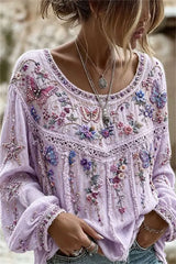 Women's Purple Floral Butterfly Print Round Neck Long Sleeve Blouse