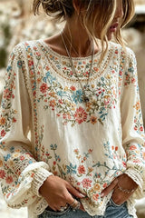 Women's White Floral Lace Round Neck Long Sleeve Blouse