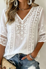 White Floral Hollow Lace V Neck Three Quarter Sleeve Blouse