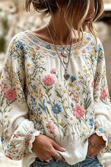 Women's Multicolor Wildflower Embroidery Hollow Round Neck Long Sleeve Blouse