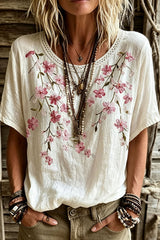 Women's White Pink Floral Embroidery Round Neck Short Sleeve Blouse