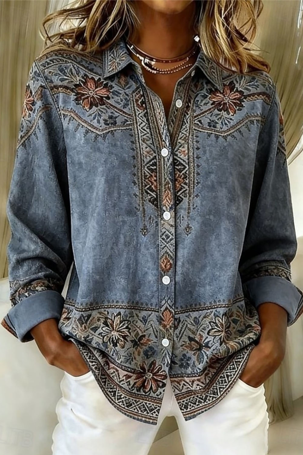Women's Washed Blue Ethnic Floral Lapel Collar Long Sleeve Shirt