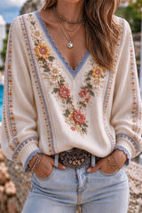 Women's Beige Floral Lace V Neck Long Sleeve Sweater