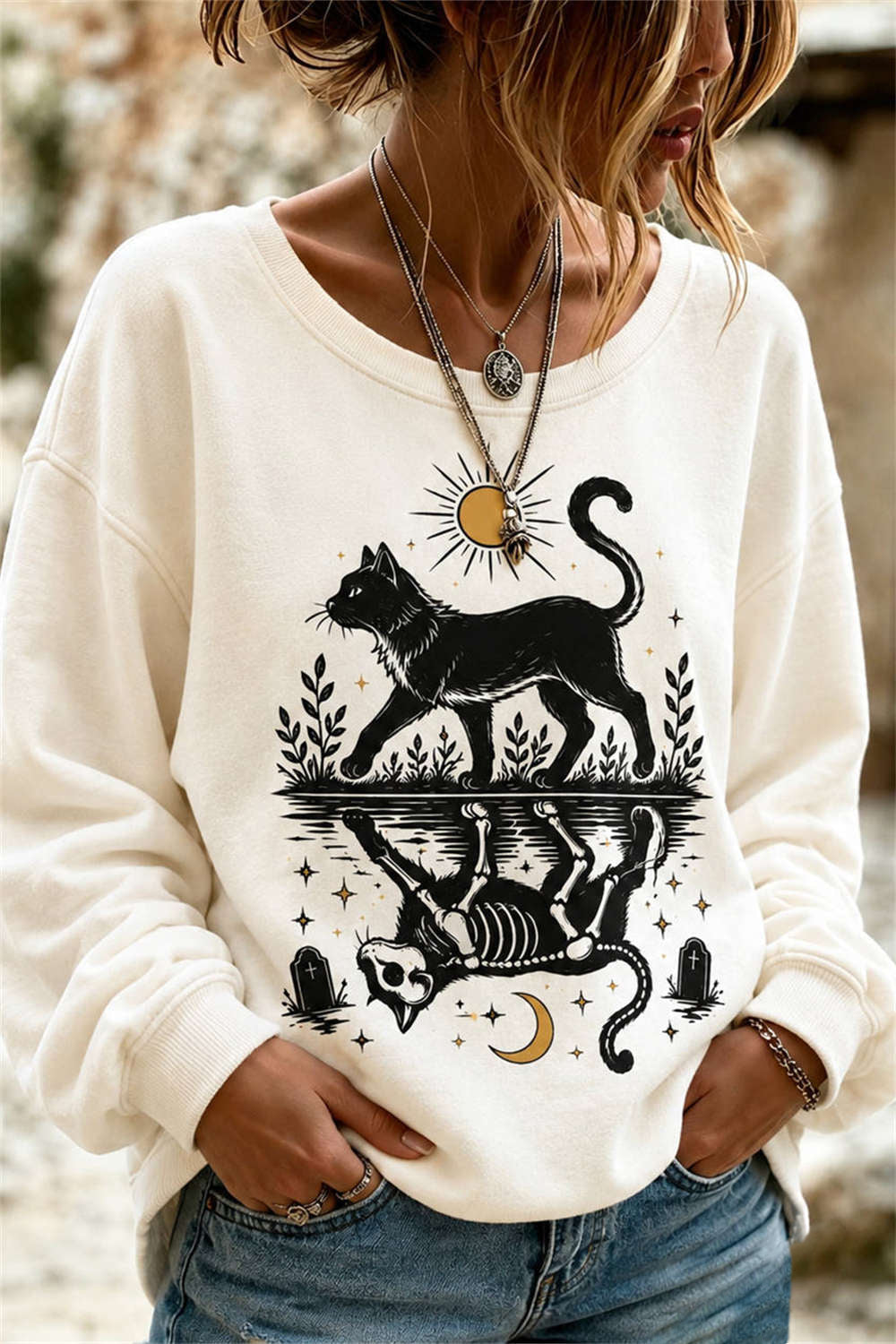 Women's Halloween Cream Black Cat Skeleton Print Round Neck Long Sleeve Sweatshirt