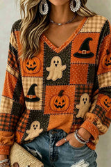Women's Halloween Multi Plaid Ghost Pumpkin Patchwork V Neck Long Sleeve Top