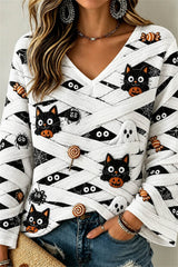 Women's Halloween White Pumpkin Face Cat Print V Neck Long Sleeve Top