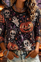 Women's Halloween Multi Pumpkin Ghost Skull Print Three Quarter Sleeves Top