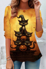 Women's Halloween Yellow Cat Pumpkin Print Round Neck 3/4 Sleeve Top