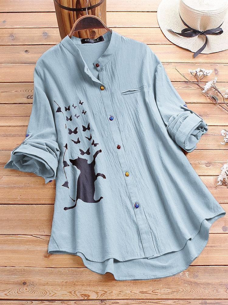 Women's Collared Neck Cat Print Long Sleeves Shirt