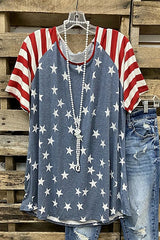Star Stripe Print Round Neck Short Sleeves T-shirt