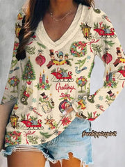 Women's Retro Christmas Print V Neck Long Sleeve Tops