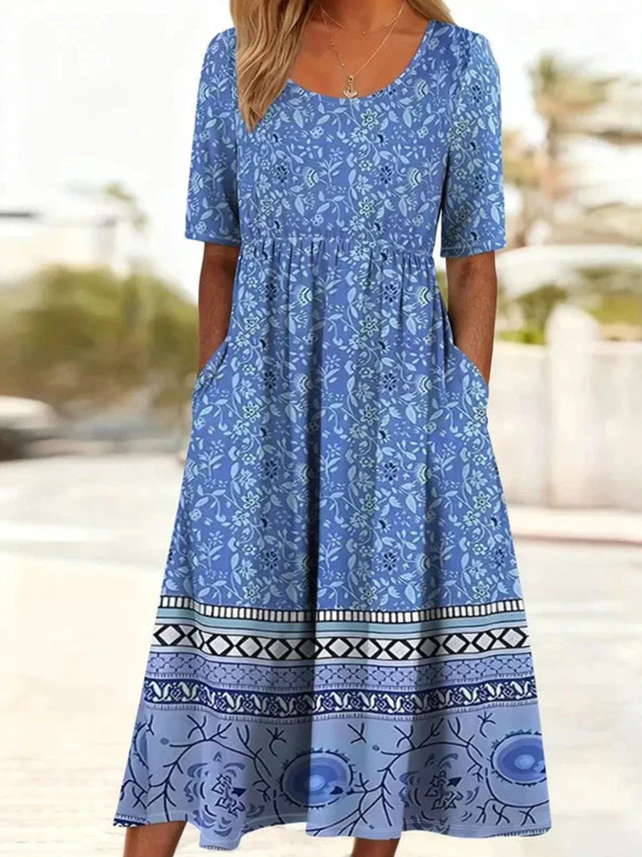 Vintage Floral Print Round Neck Short Sleeve Maxi Dress