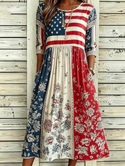 Women American Flag Floral Print Summer Dress Crew Neck Half Sleeve A-Line Dress